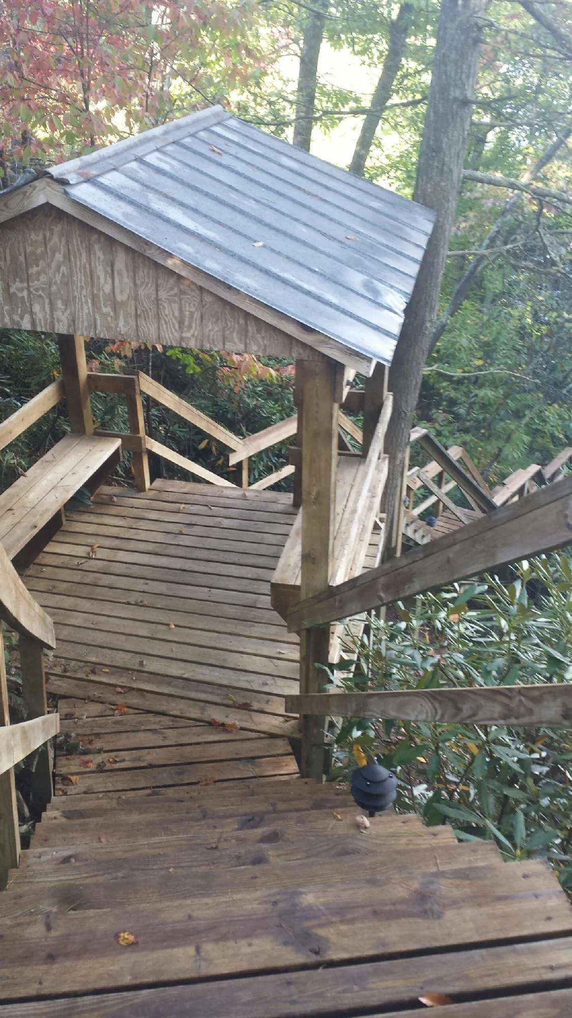 Metal roofed shelter over wooden steps on a wooded walkway — Skylight Repair & Installation work by our crew in Wales